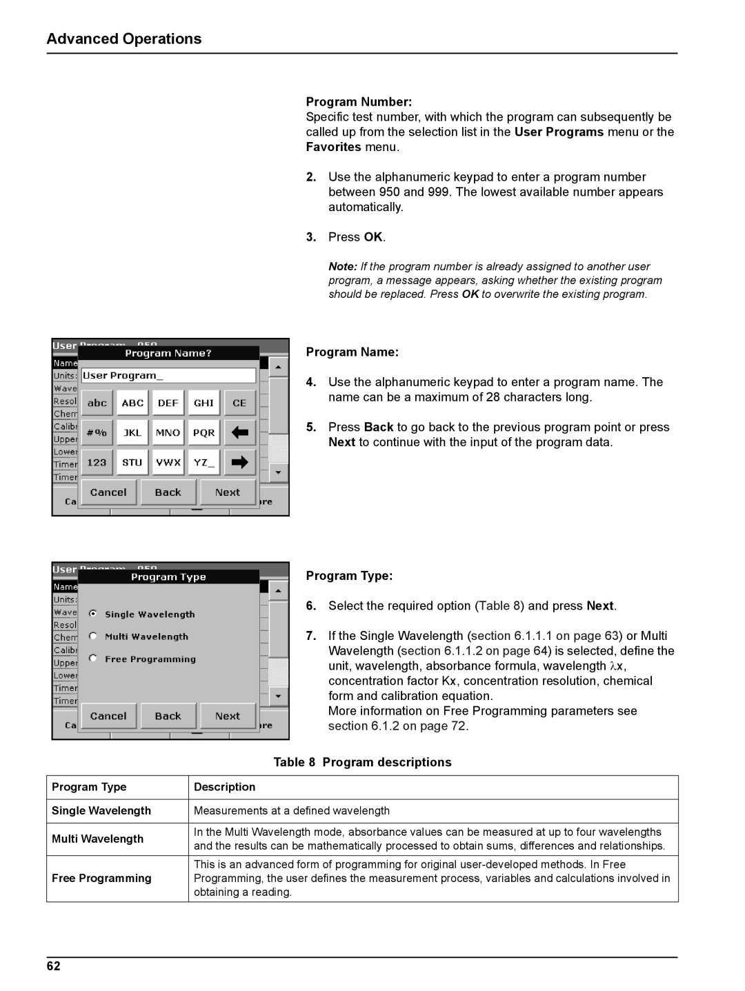 Hach DR 5000 user manual Advanced Operations, Program Number, Program Name, Program Type, Program descriptions 