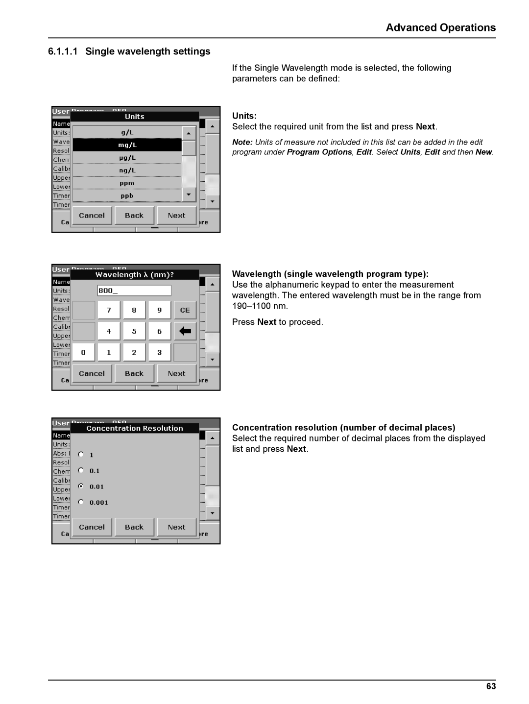 Hach DR 5000 user manual Single wavelength settings, Units, Wavelength single wavelength program type 