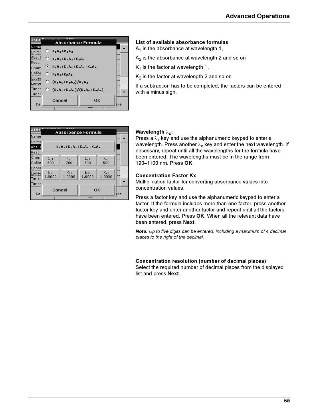 Hach DR 5000 user manual List of available absorbance formulas, Wavelength λx, Concentration Factor Kx 