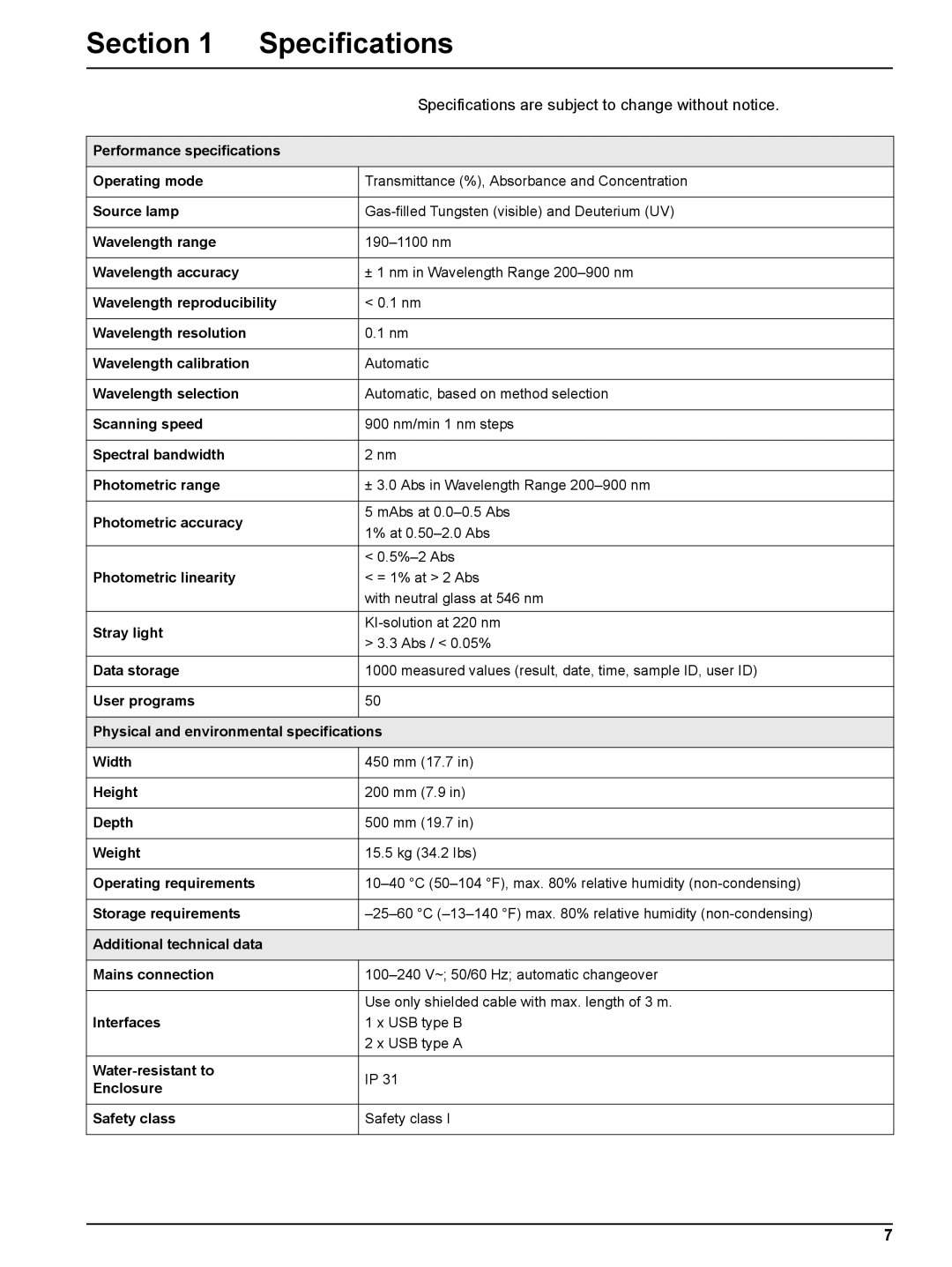 Hach DR 5000 user manual Section Specifications 