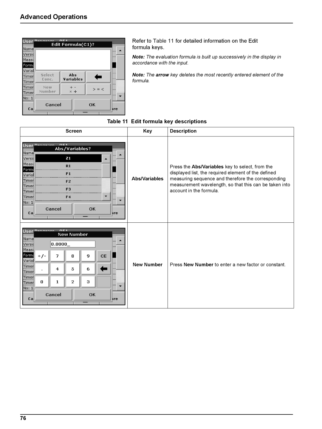 Hach DR 5000 user manual Edit formula key descriptions, Screen Key Description, New Number 