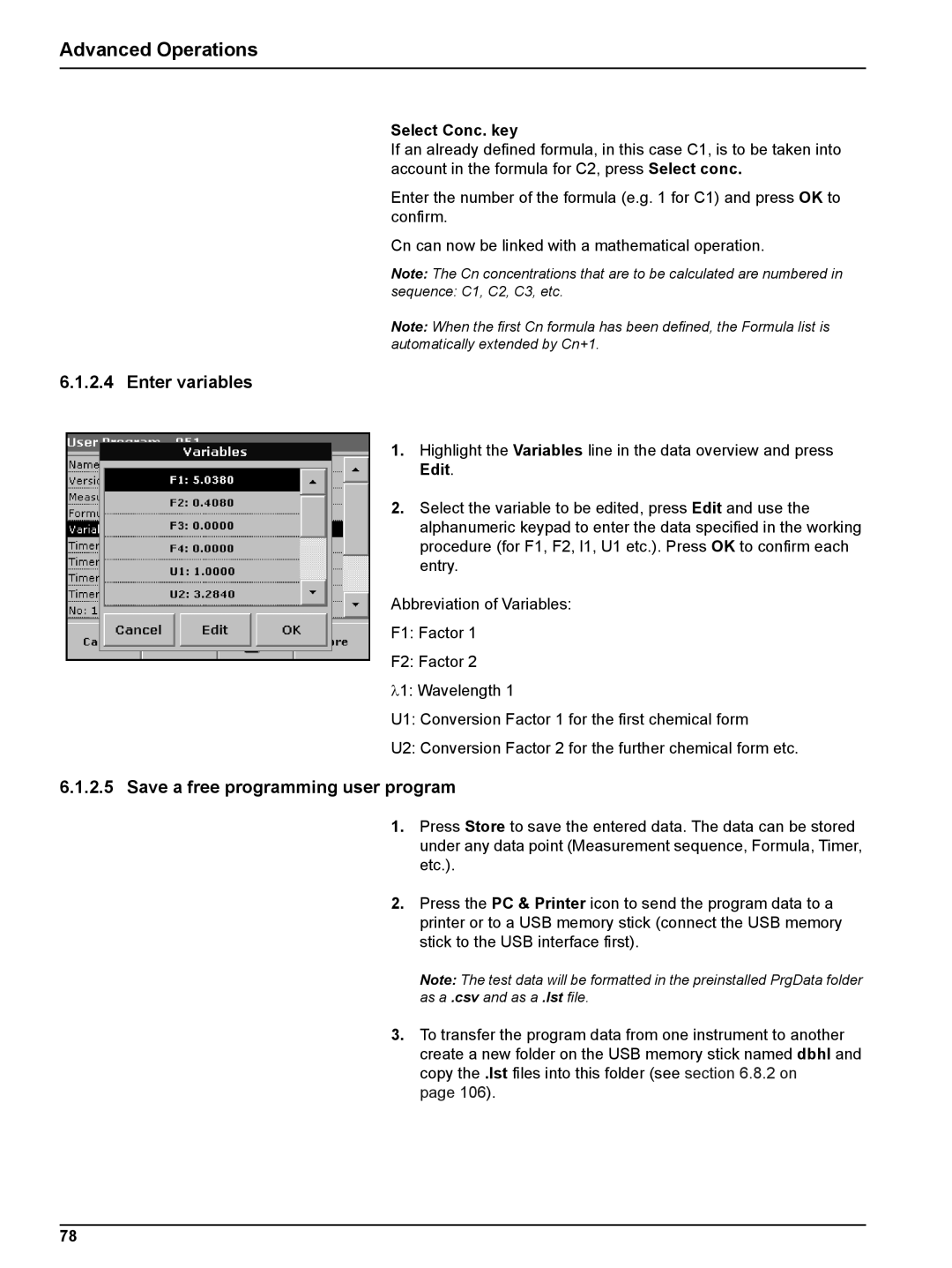 Hach DR 5000 user manual Enter variables, Save a free programming user program, Select Conc. key 