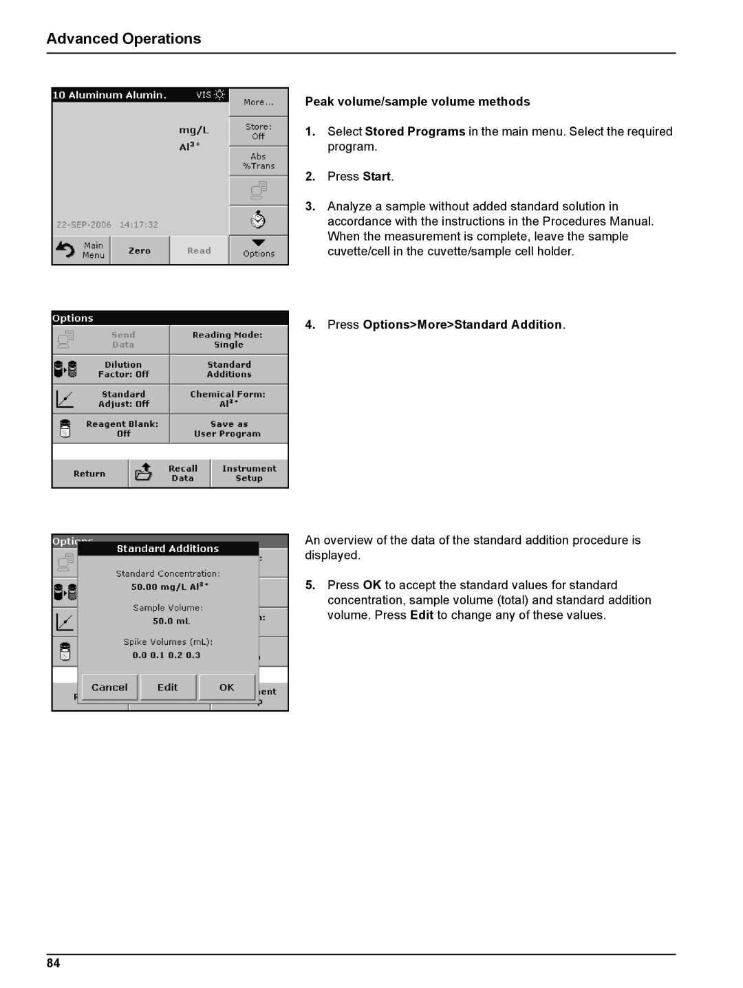 Hach DR 5000 user manual Peak volume/sample volume methods, Press OptionsMoreStandard Addition 