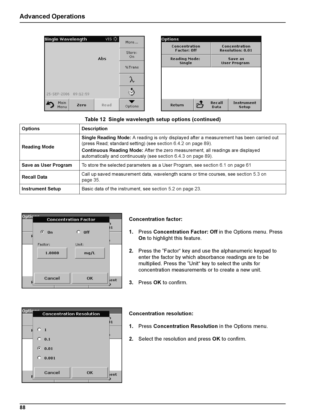 Hach DR 5000 user manual Concentration factor, Concentration resolution, Options Description 