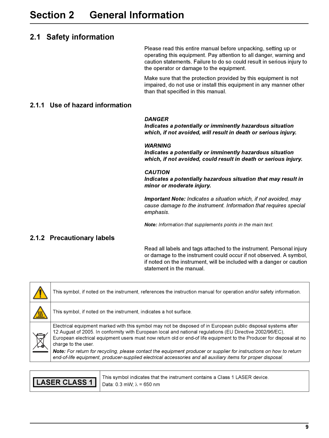 Hach DR 5000 user manual General Information, Safety information, Use of hazard information, Precautionary labels 