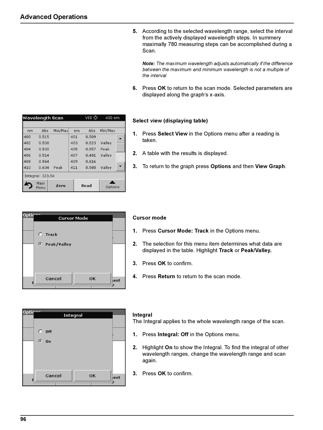 Hach DR 5000 user manual Select view displaying table, Cursor mode, Integral 