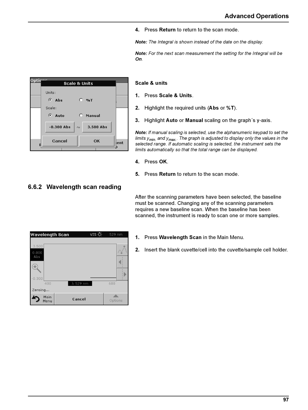 Hach DR 5000 user manual Wavelength scan reading, Scale & units Press Scale & Units 