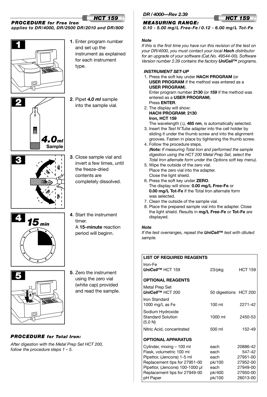 Hach HCT 159 manual 10 5.00 mg/L Free-Fe / 0.12 6.00 mg/L Tot-Fe, UniCell HCT, Procedure for Total Iron 