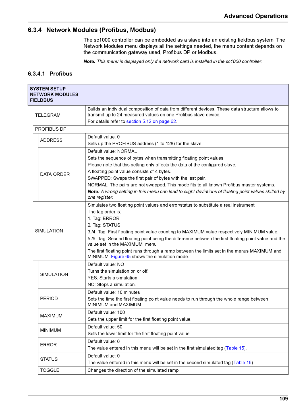 Hach sc1000 user manual Advanced Operations Network Modules Profibus, Modbus, 109, System Setup Network Modules Fieldbus 