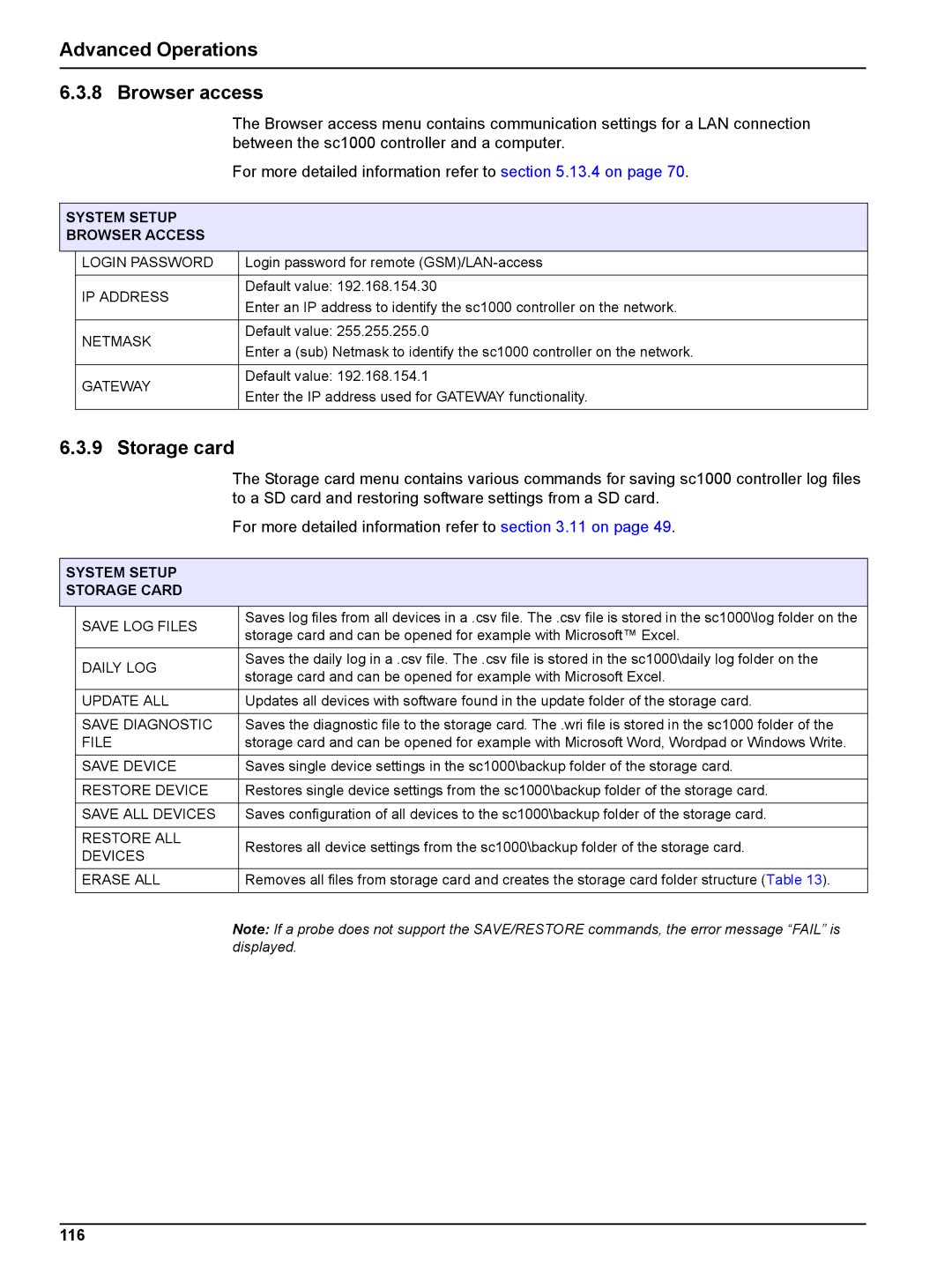 Hach sc1000 Advanced Operations Browser access, Storage card, 116, System Setup Browser Access, System Setup Storage Card 