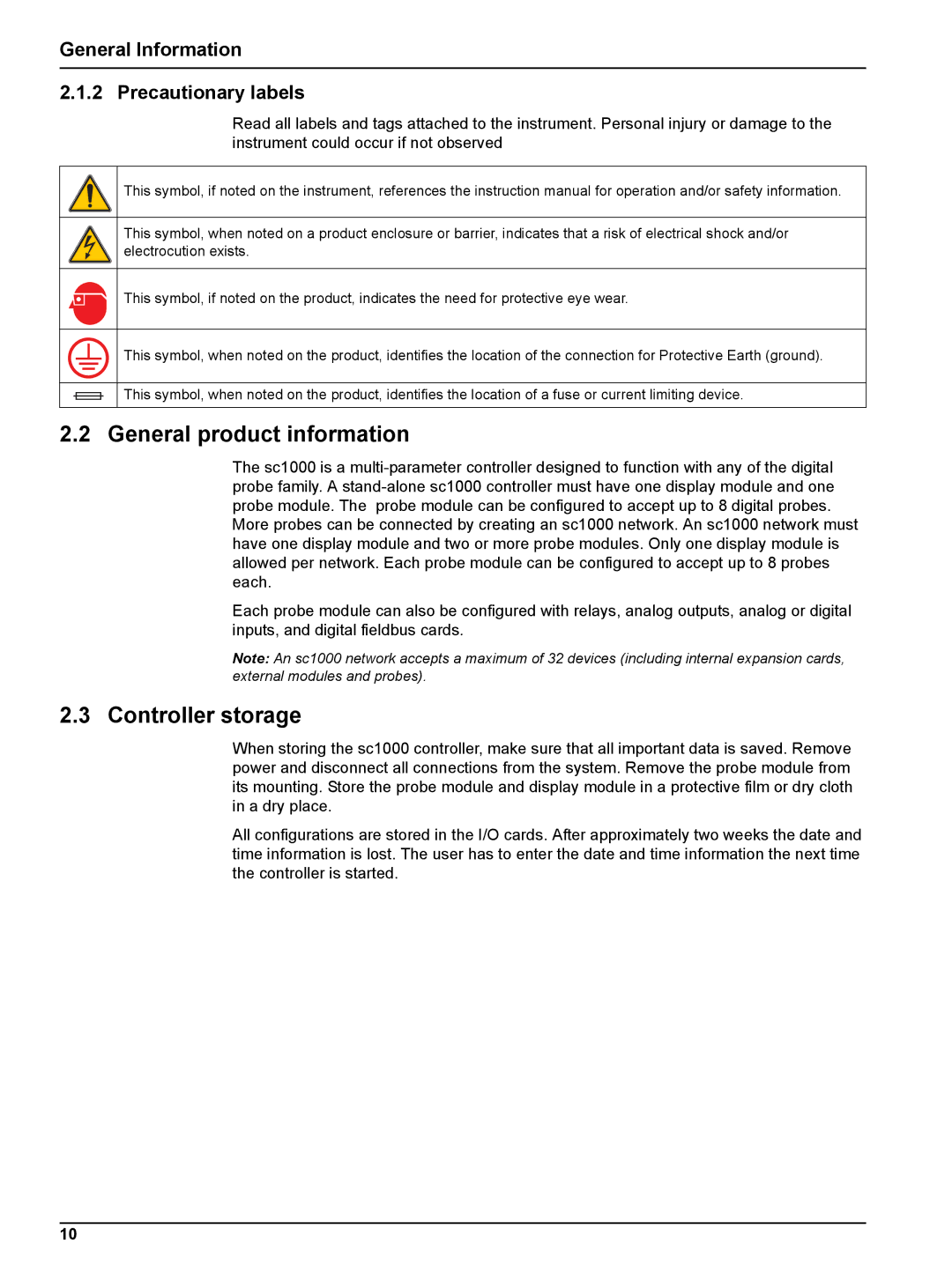 Hach sc1000 user manual General product information, Controller storage, General Information Precautionary labels 