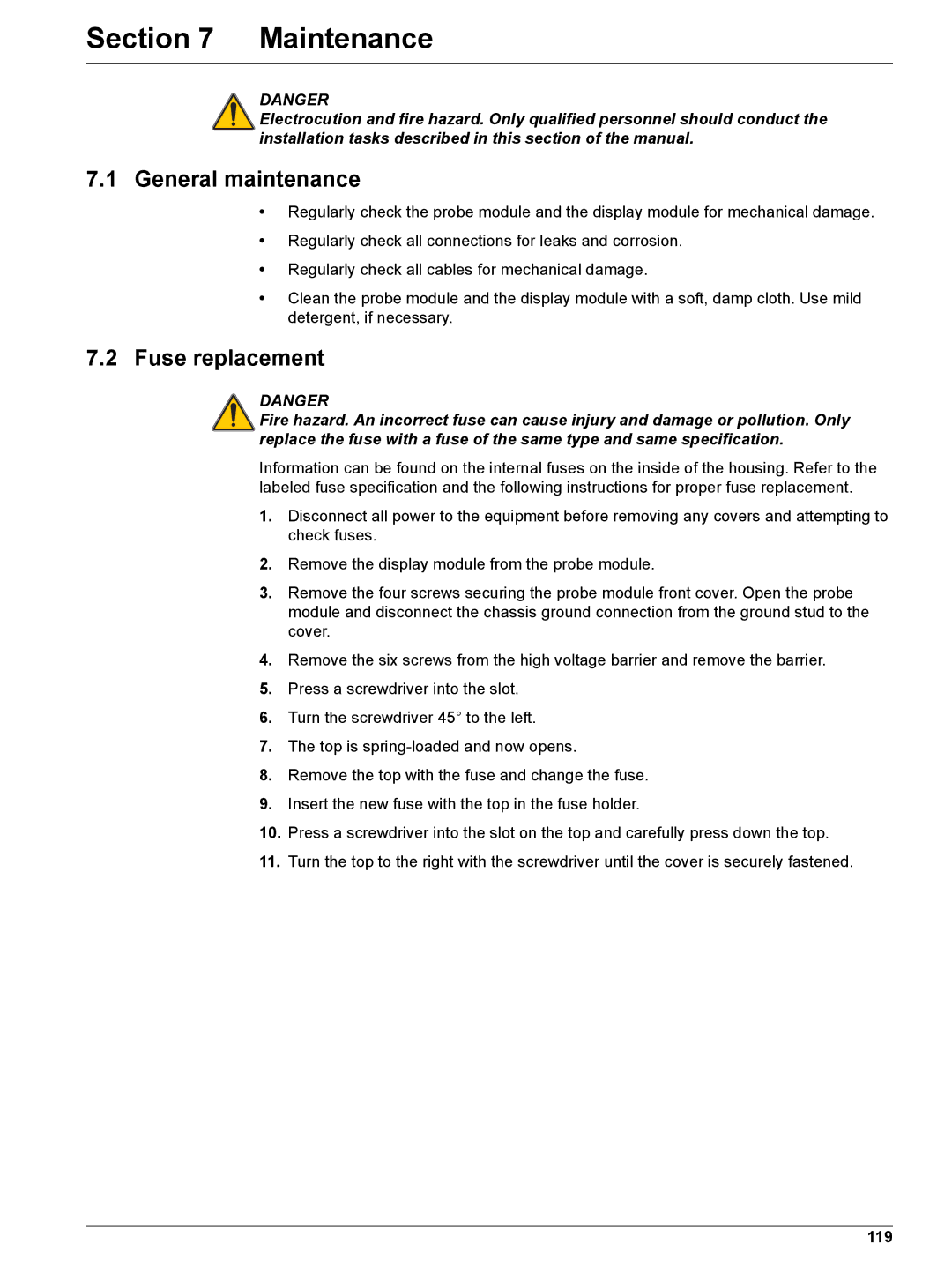 Hach sc1000 user manual Maintenance, General maintenance, Fuse replacement, 119 