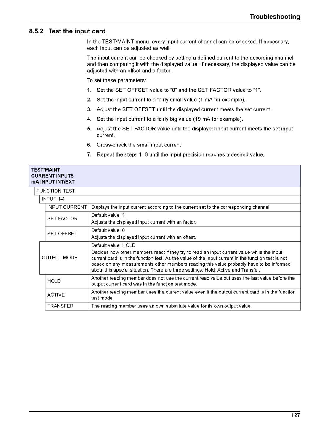 Hach sc1000 user manual Troubleshooting Test the input card, 127, TEST/MAINT Current Inputs mA Input INT/EXT 