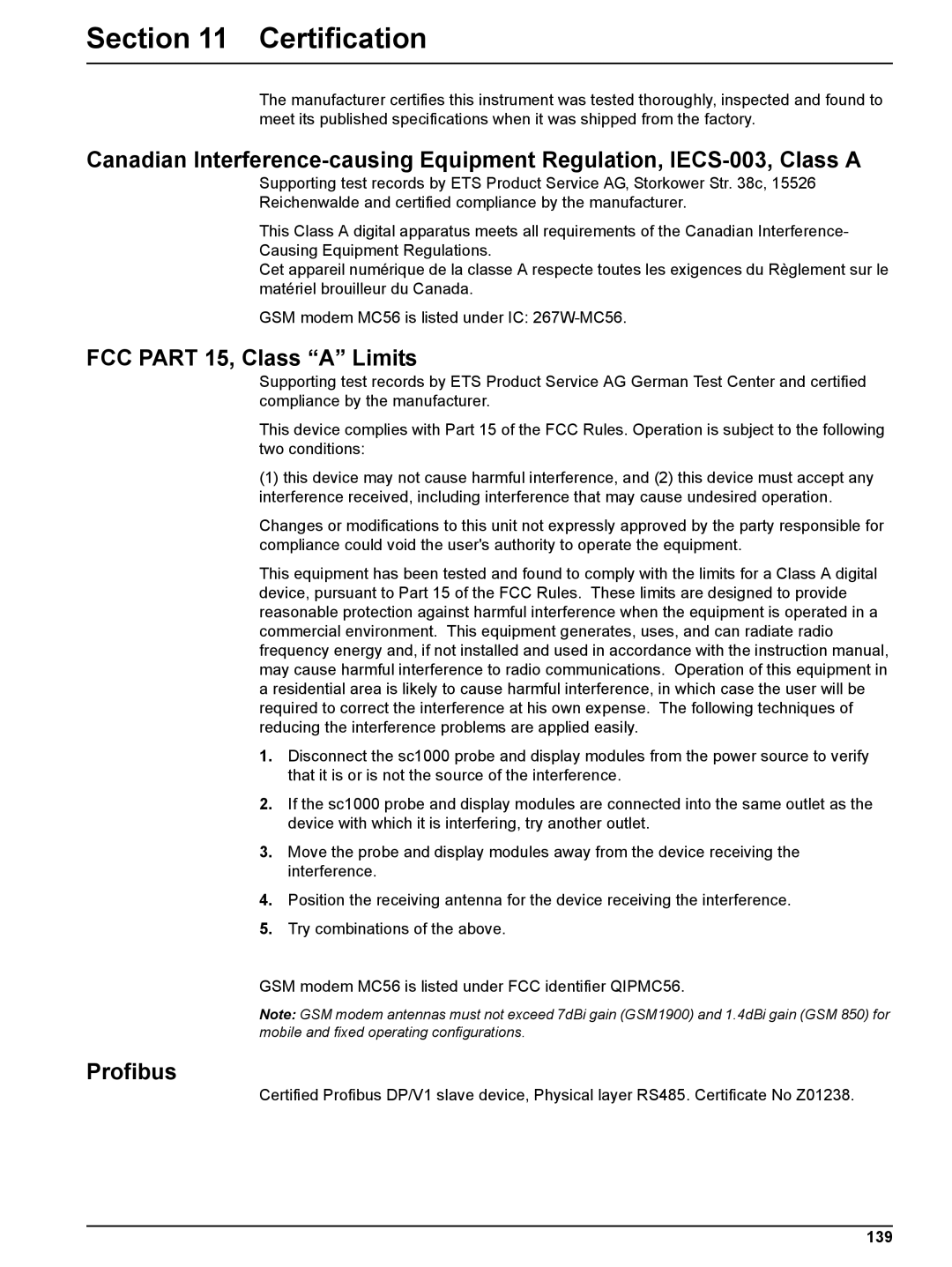 Hach sc1000 user manual Certification, FCC Part 15, Class a Limits, Profibus, 139 