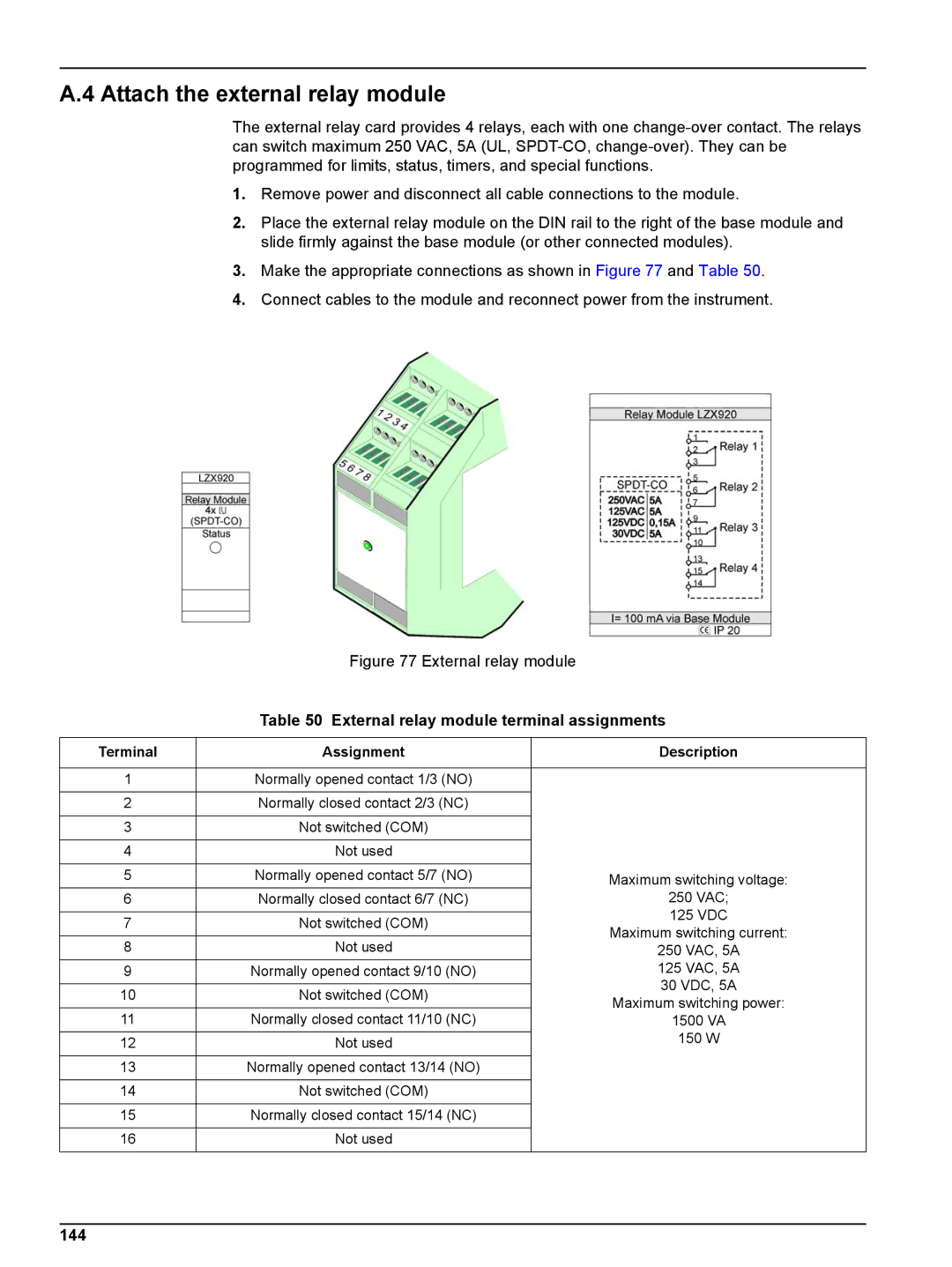 Hach sc1000 user manual Attach the external relay module, External relay module terminal assignments, 144 