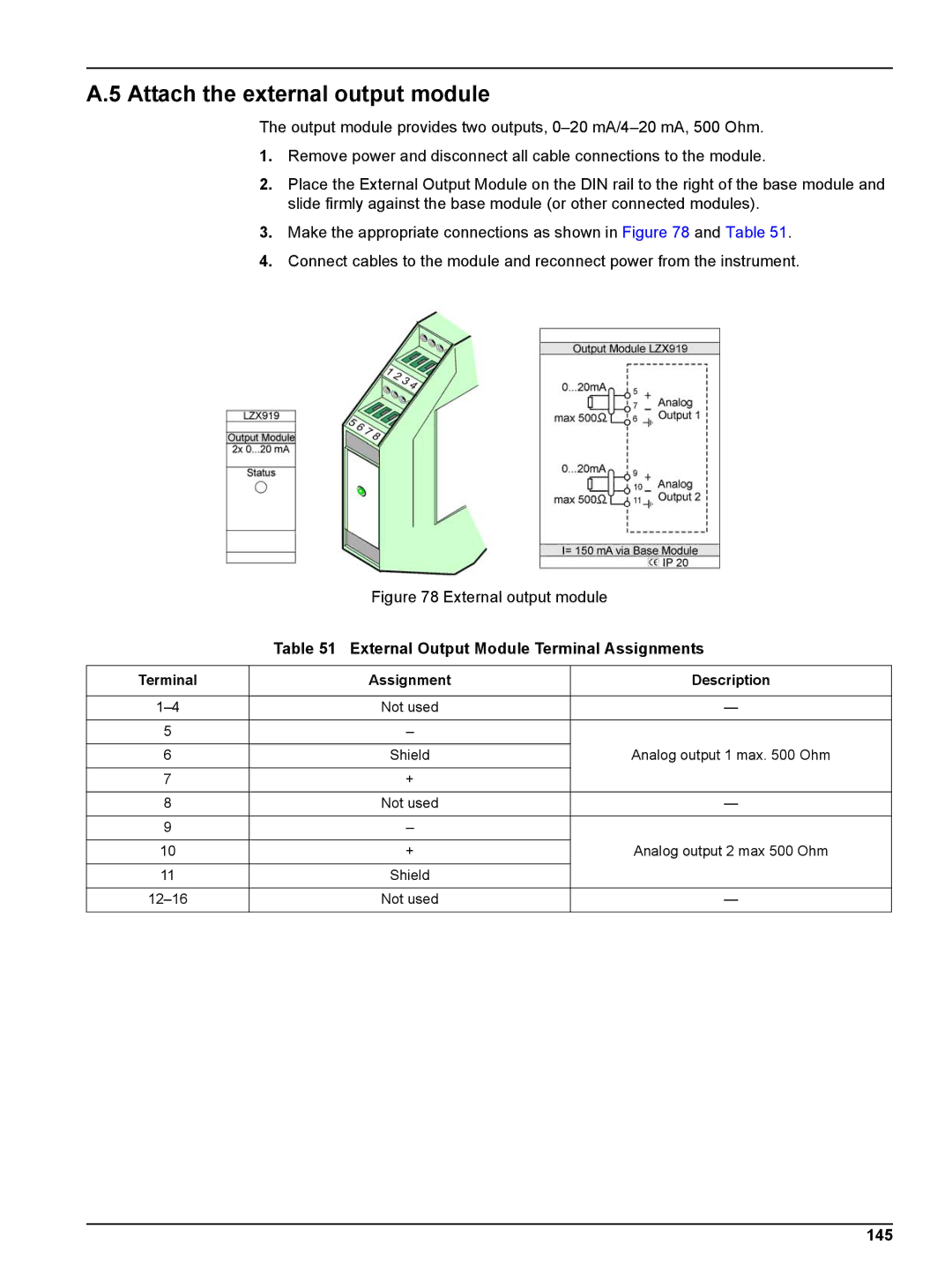 Hach sc1000 user manual Attach the external output module, External Output Module Terminal Assignments, 145 