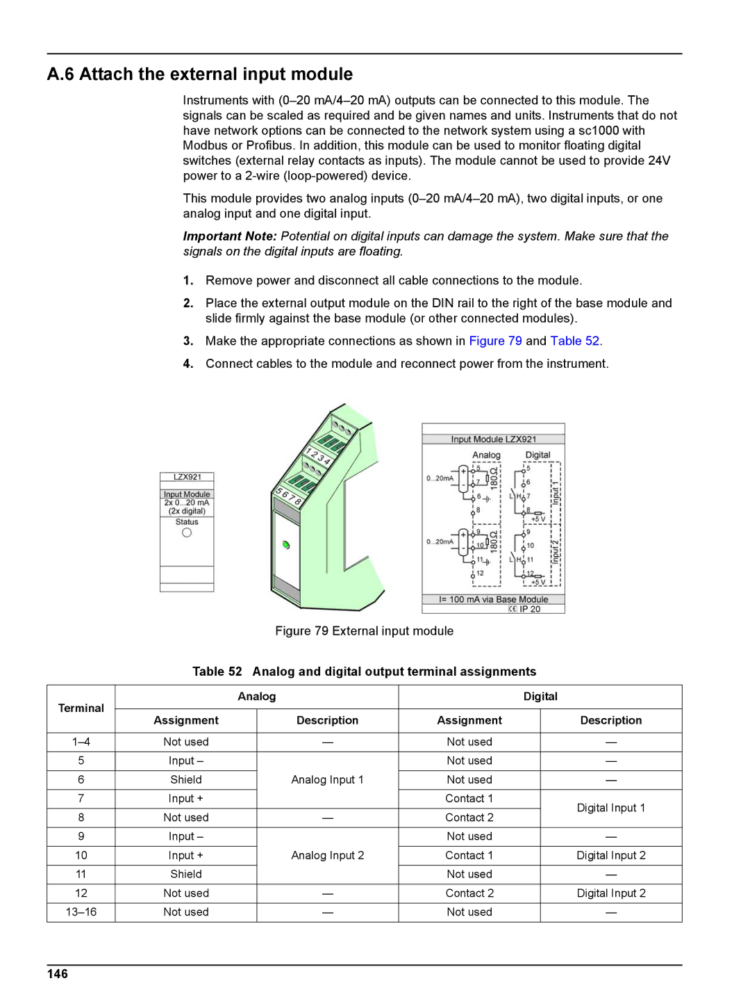 Hach sc1000 user manual Attach the external input module, Analog and digital output terminal assignments, 146 