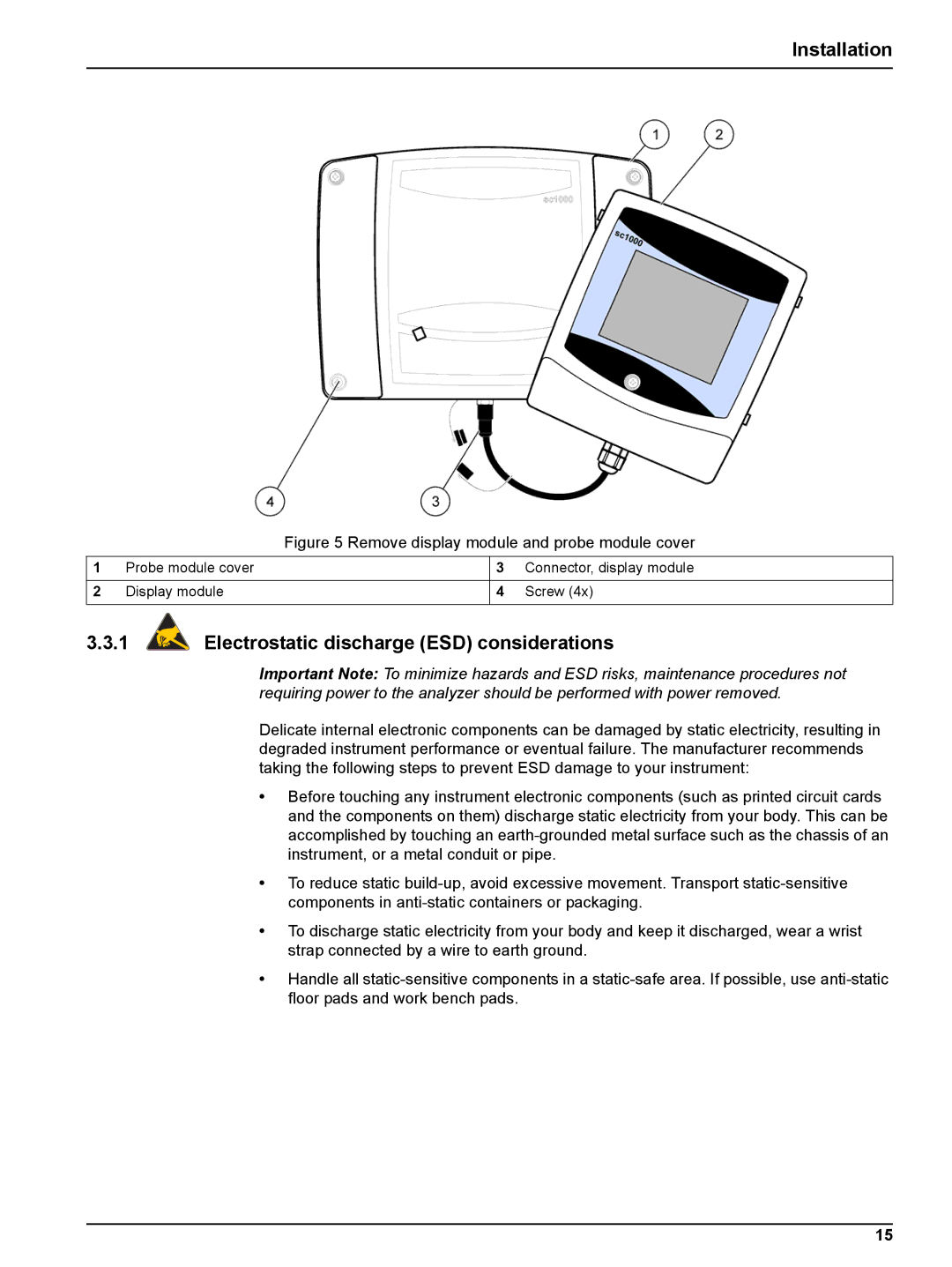 Hach sc1000 user manual Electrostatic discharge ESD considerations, Remove display module and probe module cover 