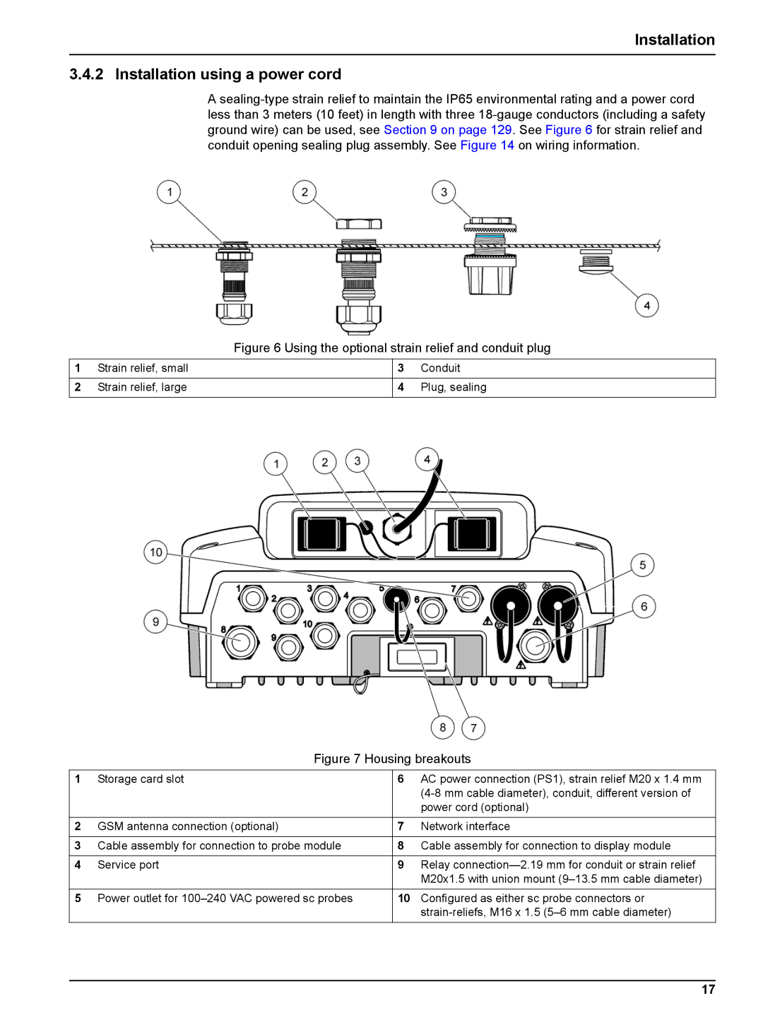 Hach sc1000 user manual Installation Installation using a power cord, Using the optional strain relief and conduit plug 