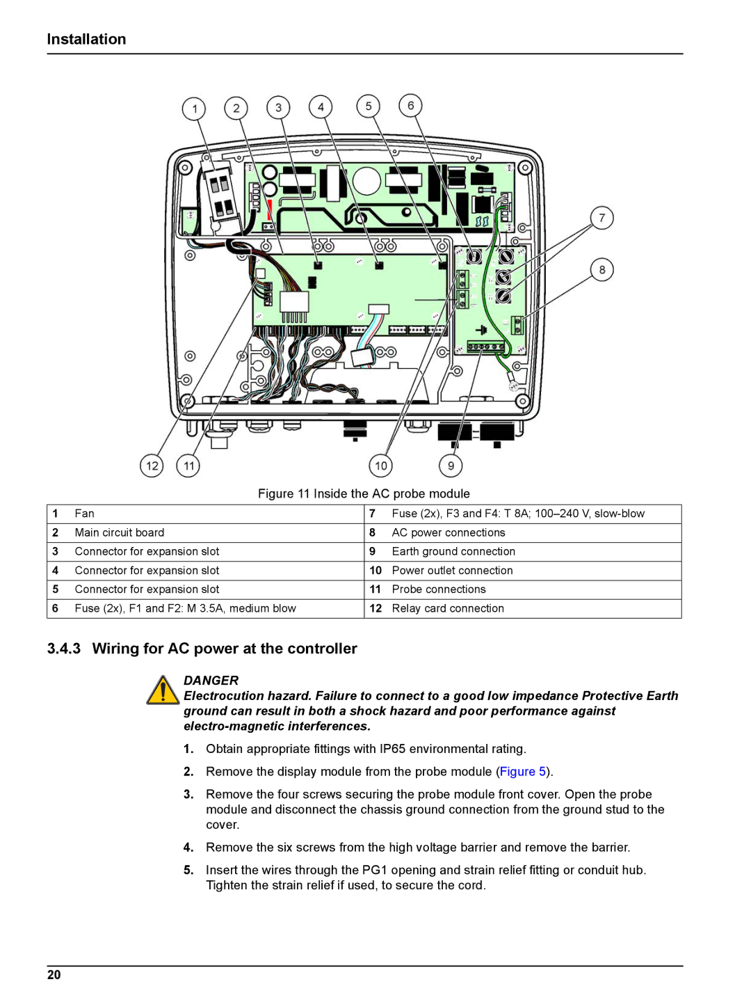 Hach sc1000 user manual Wiring for AC power at the controller, Inside the AC probe module 