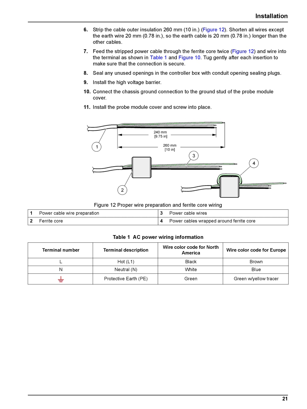 Hach sc1000 user manual Proper wire preparation and ferrite core wiring, AC power wiring information 