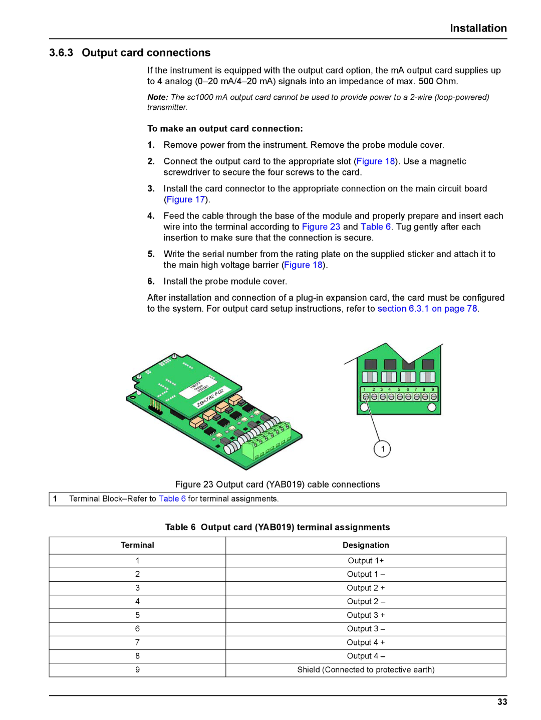 Hach sc1000 user manual Installation Output card connections, To make an output card connection 