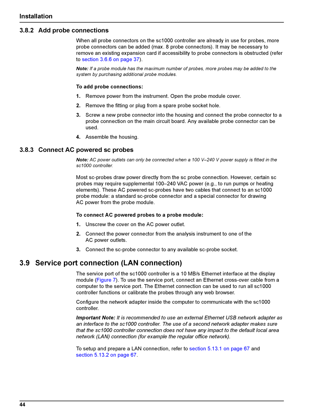 Hach sc1000 Service port connection LAN connection, Installation Add probe connections, Connect AC powered sc probes 