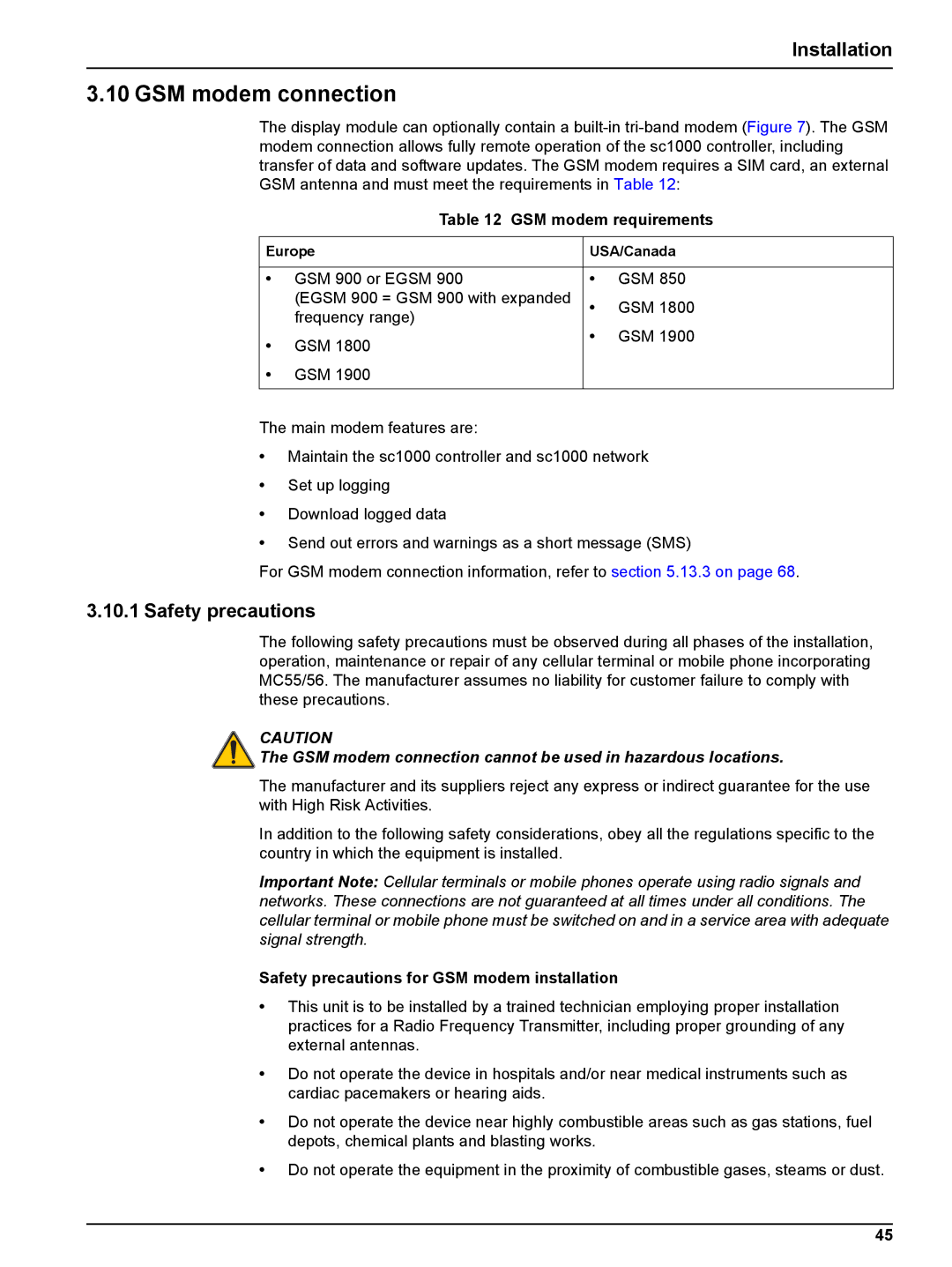 Hach sc1000 user manual GSM modem connection, Safety precautions, GSM modem requirements, Europe USA/Canada 