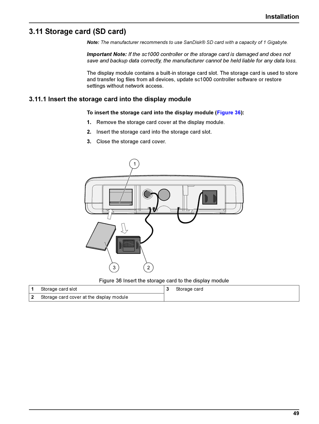 Hach sc1000 user manual Storage card SD card, Insert the storage card into the display module 