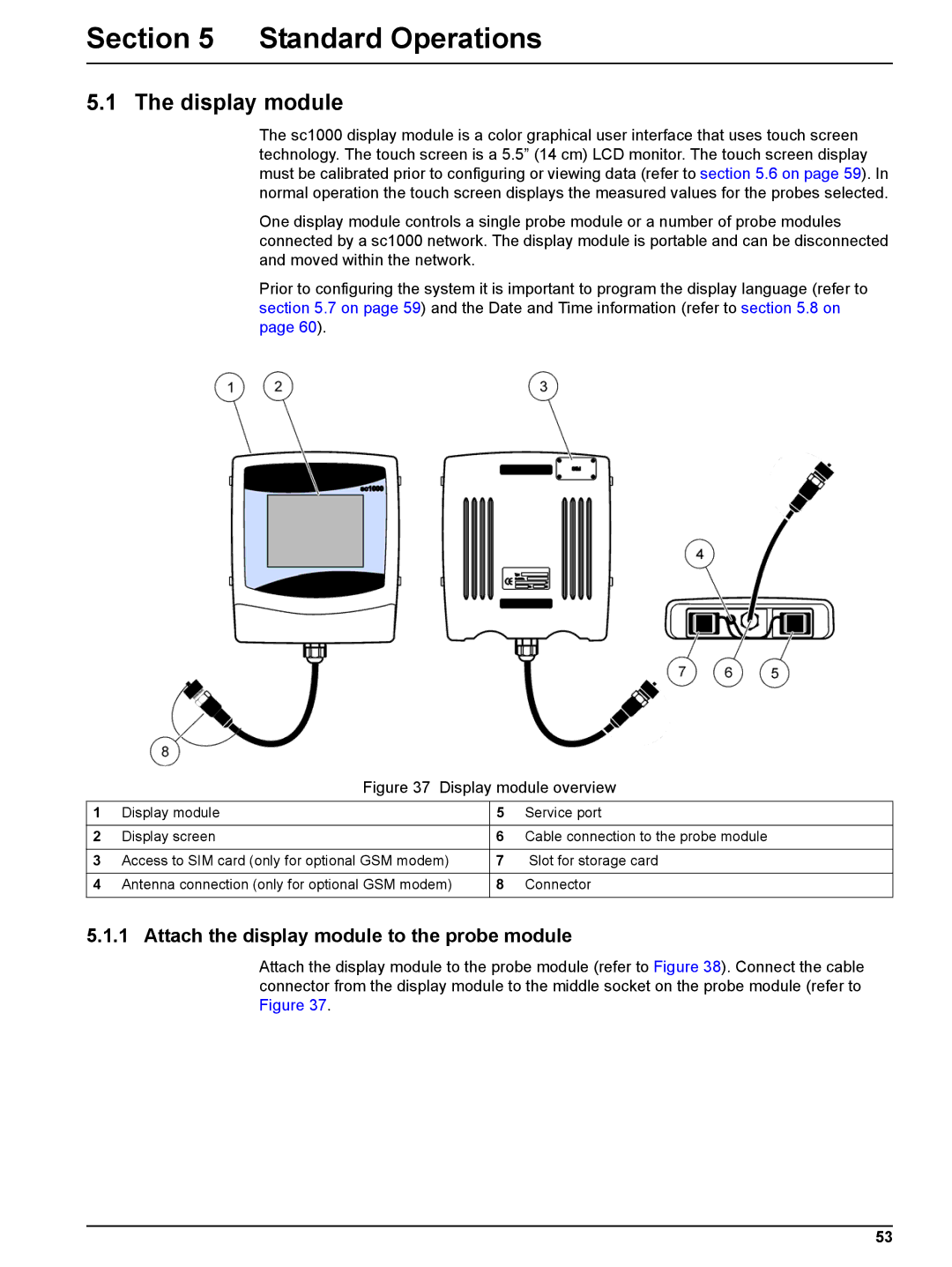 Hach sc1000 user manual Standard Operations, Display module, Attach the display module to the probe module 