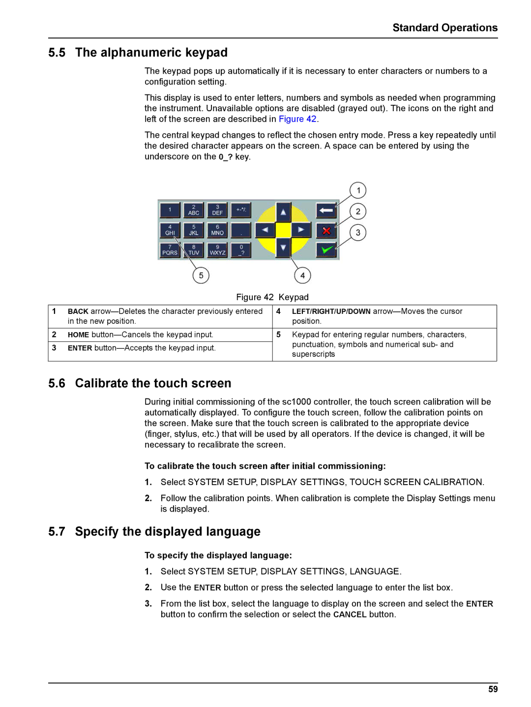 Hach sc1000 user manual Alphanumeric keypad, Calibrate the touch screen, Specify the displayed language 