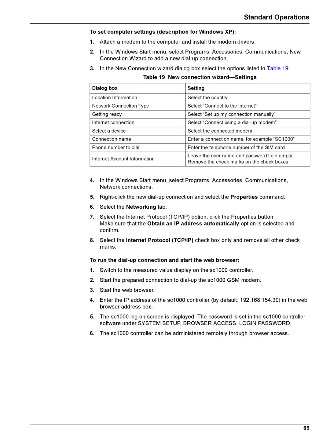 Hach sc1000 To set computer settings description for Windows XP, New connection wizard-Settings, Dialog box Setting 