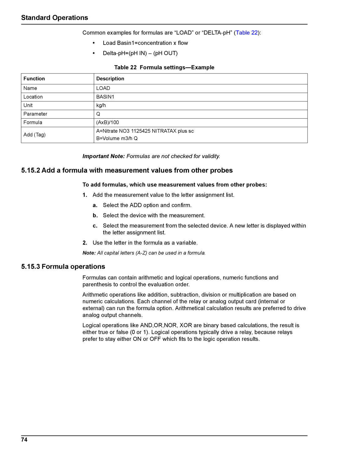 Hach sc1000 Add a formula with measurement values from other probes, Formula operations, Formula settings-Example, Load 