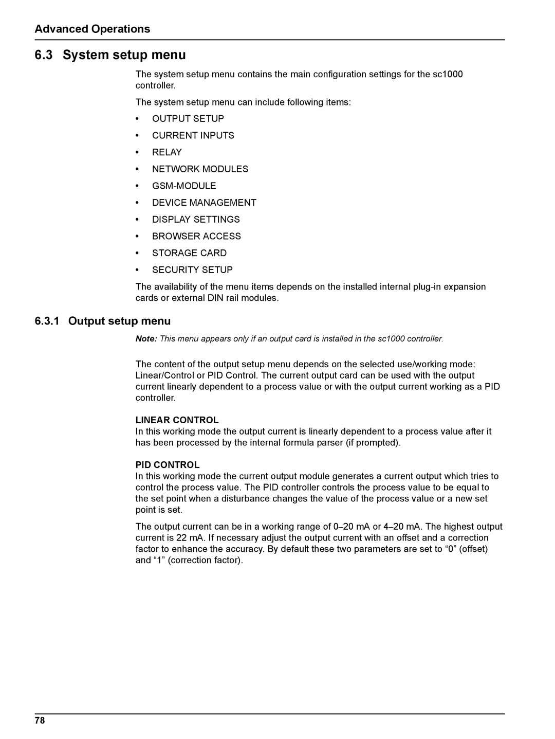 Hach sc1000 user manual System setup menu, Advanced Operations, Output setup menu 