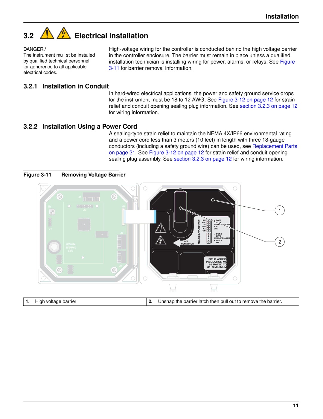 Hach sc100TM installation manual Electrical Installation, Installation in Conduit, Installation Using a Power Cord 