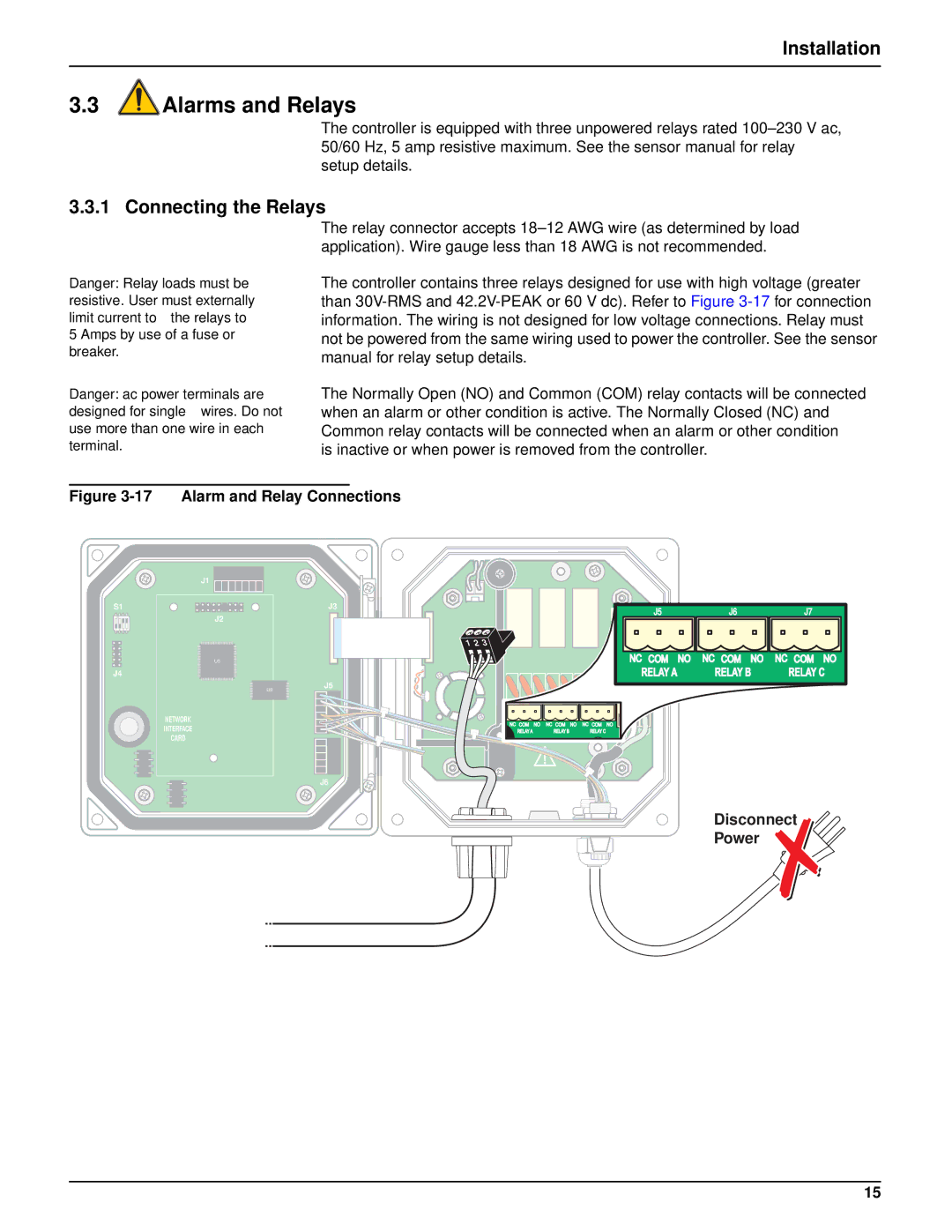 Hach sc100TM installation manual Alarms and Relays, Connecting the Relays, Disconnect Power 