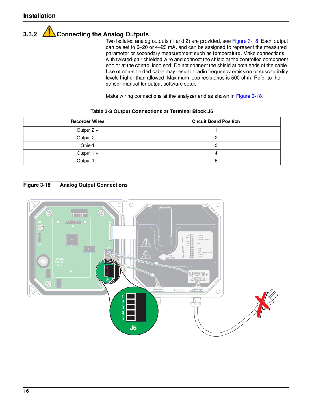 Hach sc100TM installation manual Installation Connecting the Analog Outputs, Output Connections at Terminal Block J6 