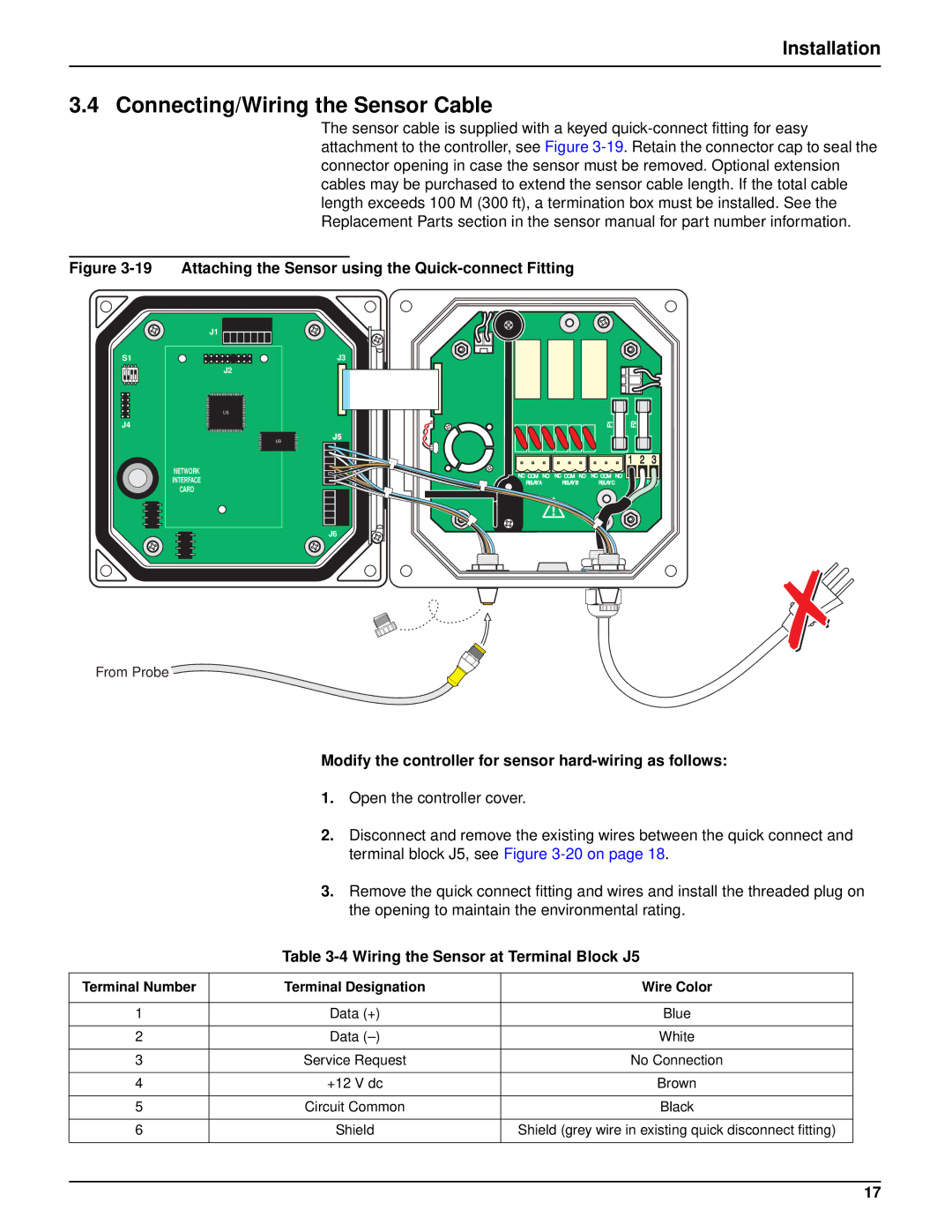 Hach sc100TM Connecting/Wiring the Sensor Cable, Modify the controller for sensor hard-wiring as follows 