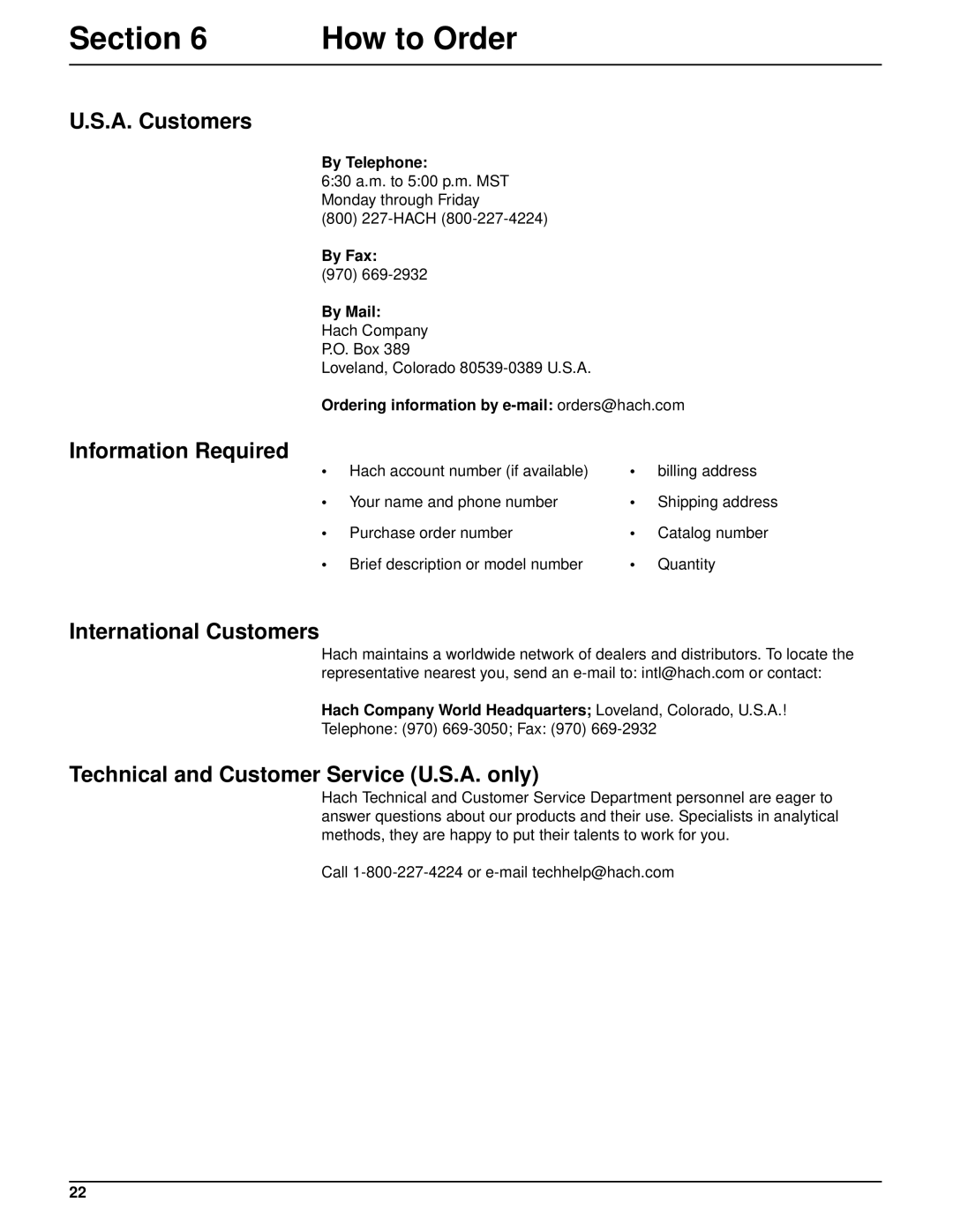 Hach sc100TM installation manual Section How to Order, A. Customers, Information Required, International Customers 