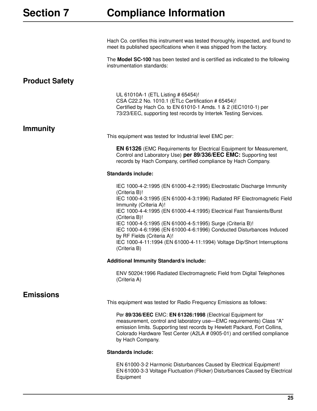 Hach sc100TM installation manual Compliance Information, Product Safety, Immunity, Emissions 