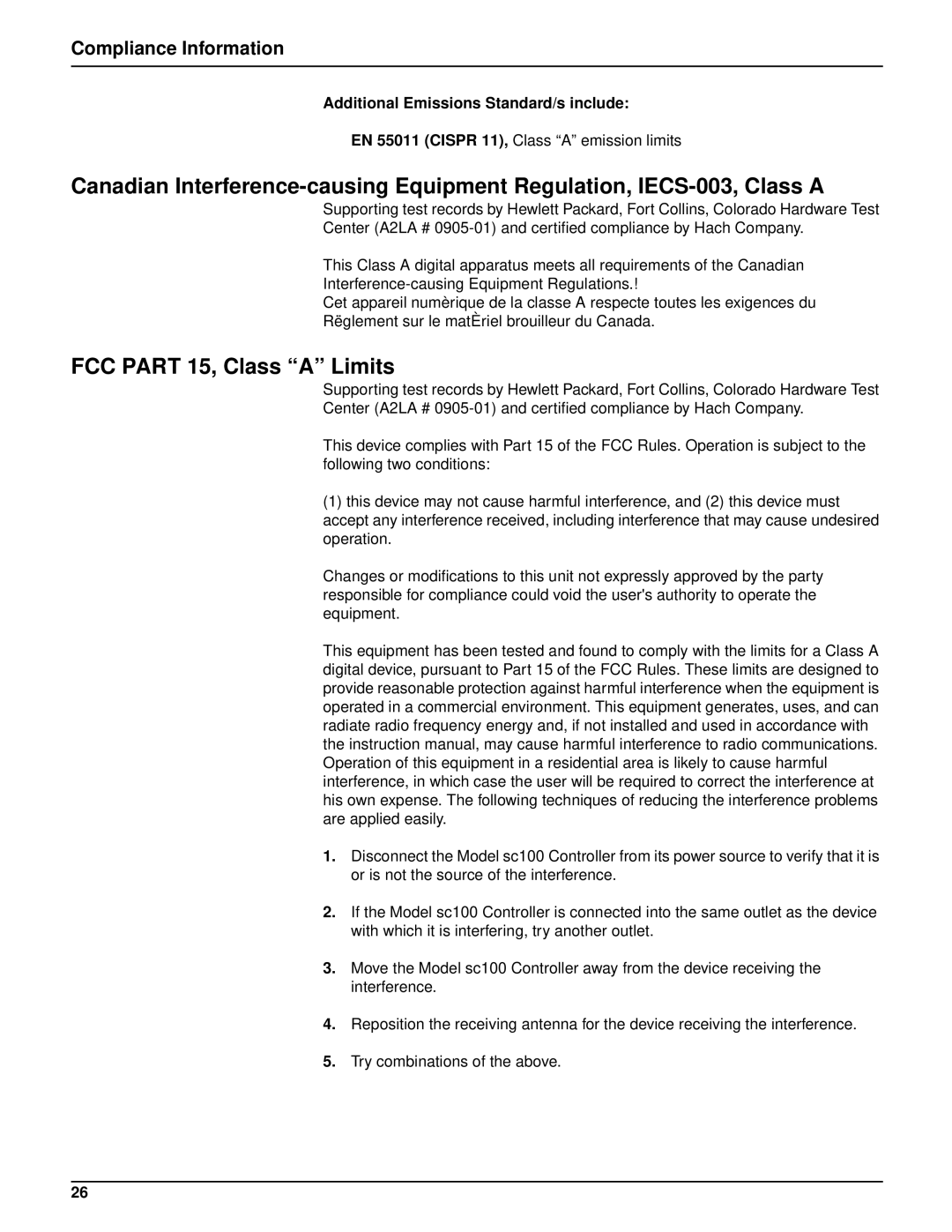 Hach sc100TM FCC Part 15, Class a Limits, Compliance Information, Additional Emissions Standard/s include 