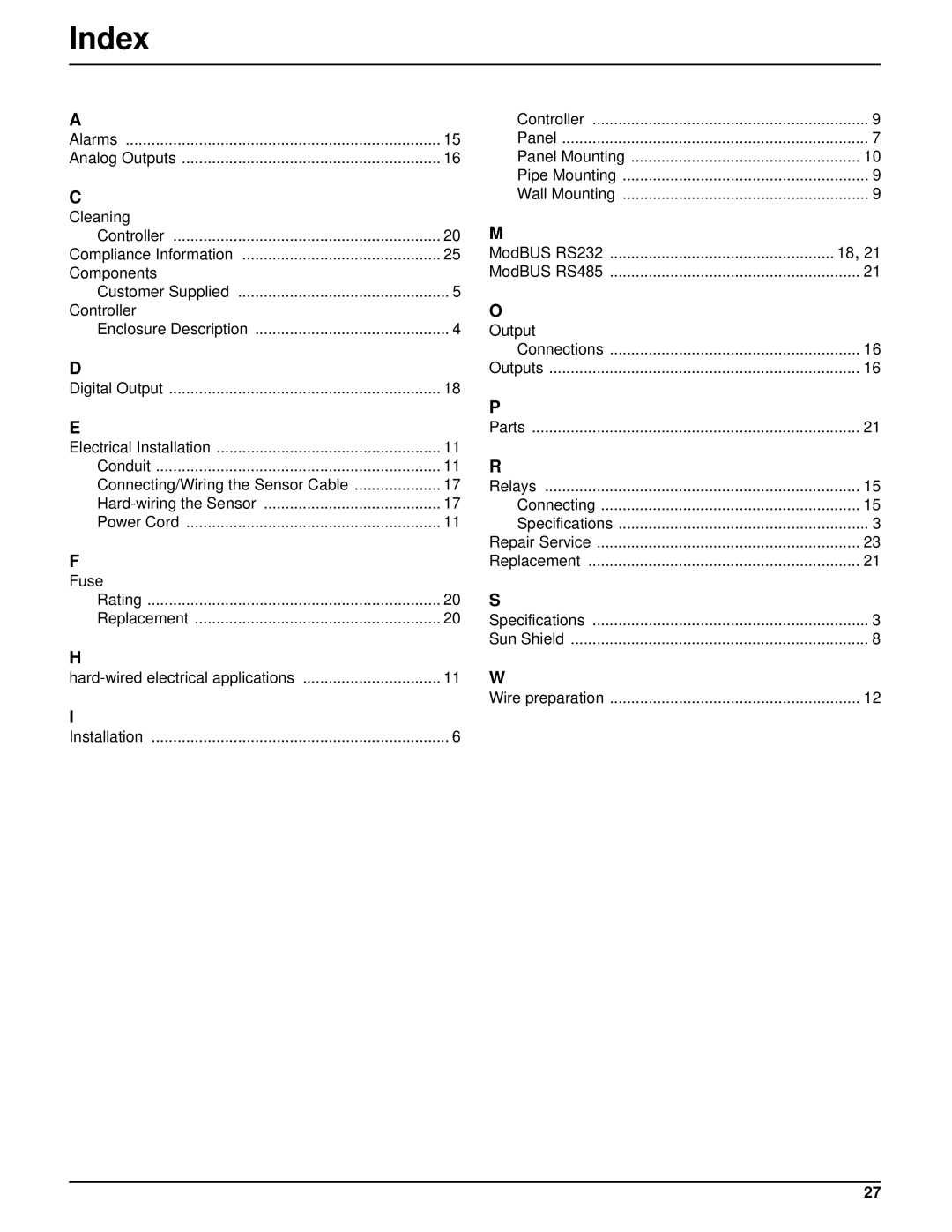 Hach sc100TM installation manual Index, Hard-wired electrical applications 