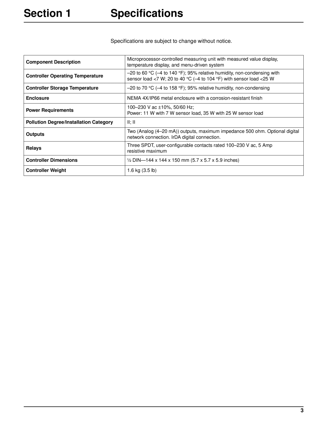 Hach sc100TM installation manual Section Specifications 