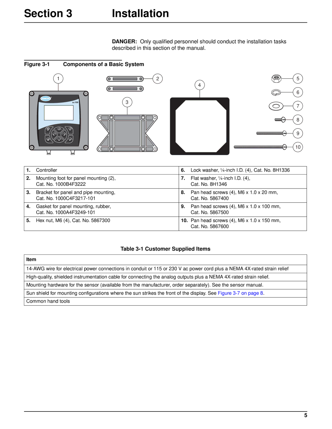 Hach sc100TM installation manual Section Installation, Customer Supplied Items 