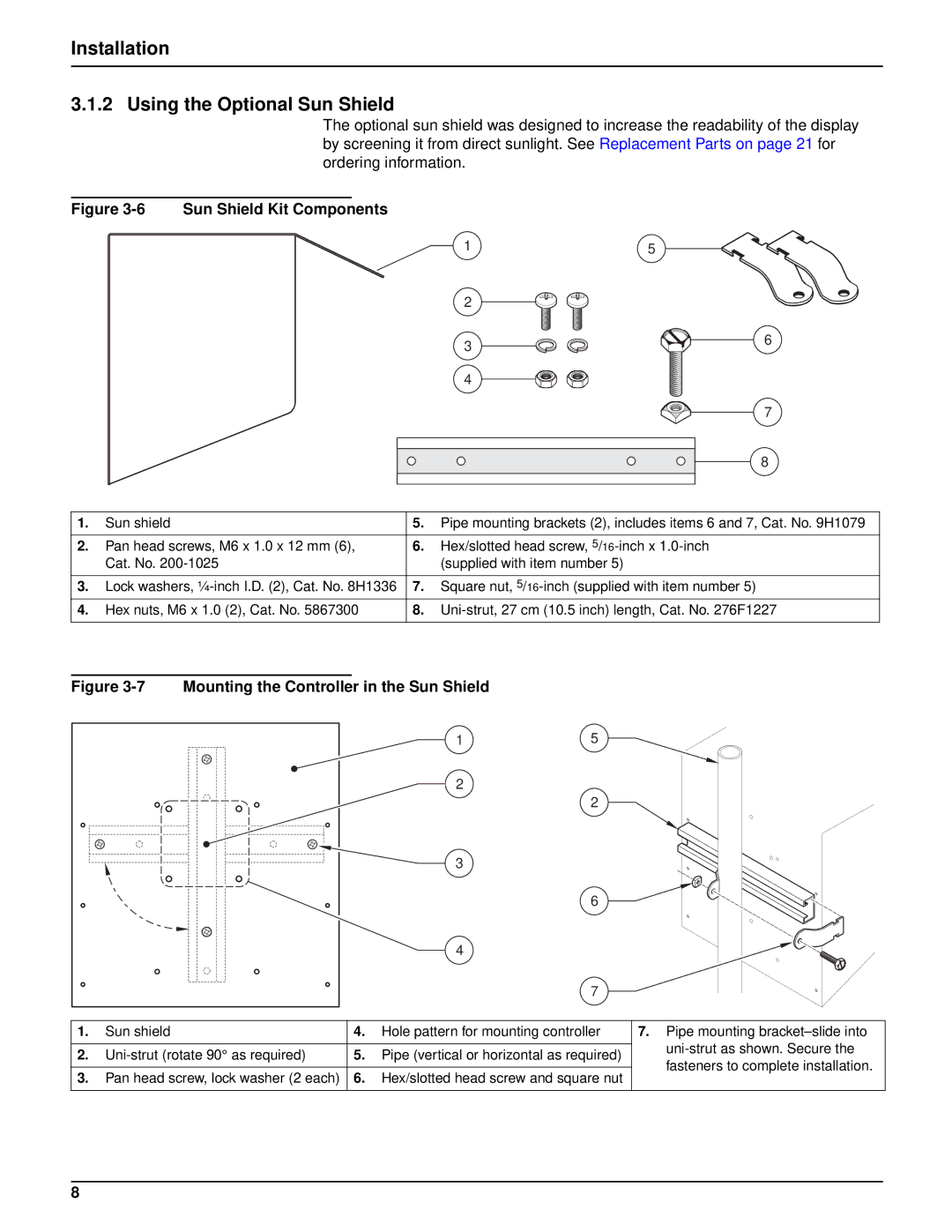 Hach sc100TM installation manual Installation Using the Optional Sun Shield, Sun Shield Kit Components 