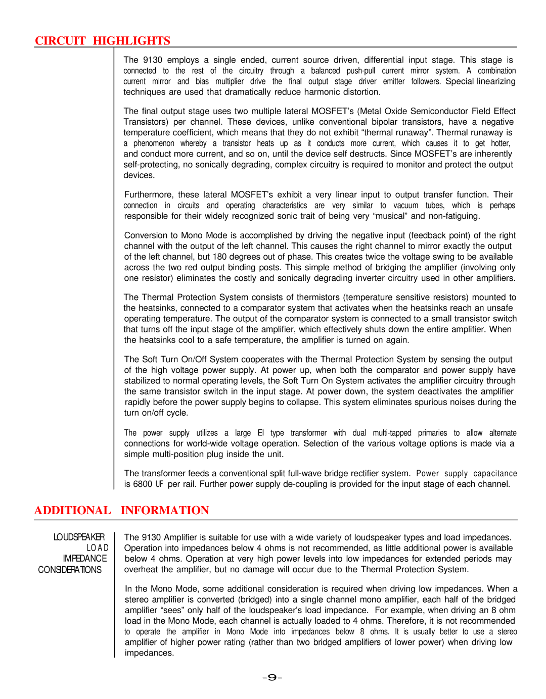 Hafler 9130 manual Circuit Highlights, Additional Information 