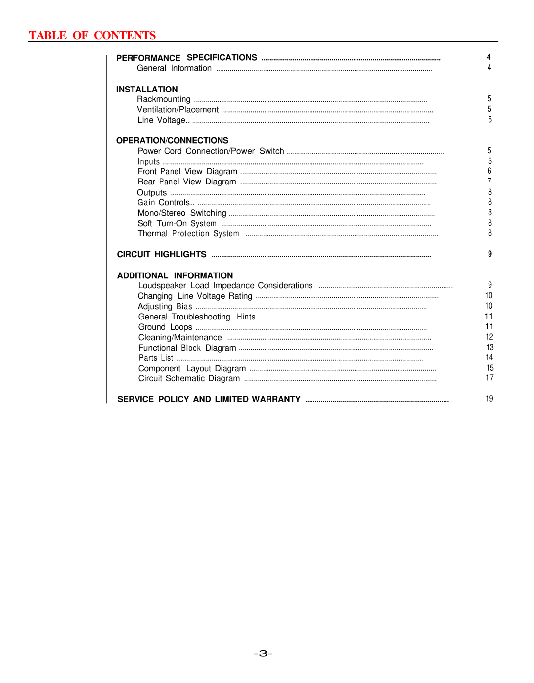 Hafler 9130 manual Table of Contents 