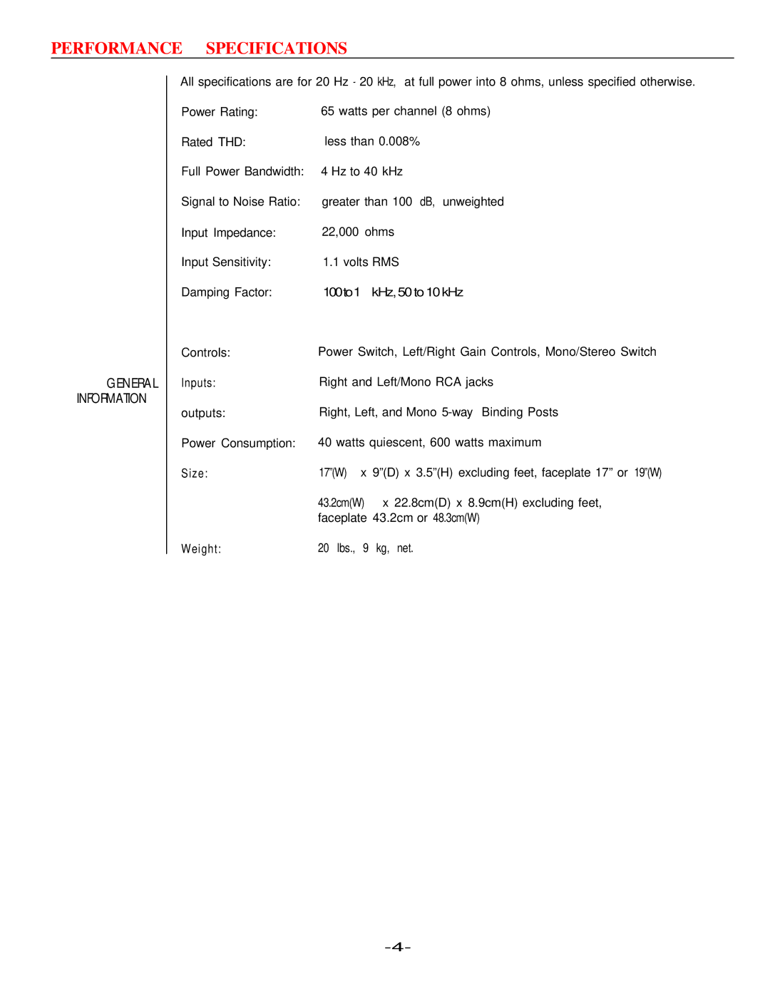 Hafler 9130 manual Performance Specifications, General Information 