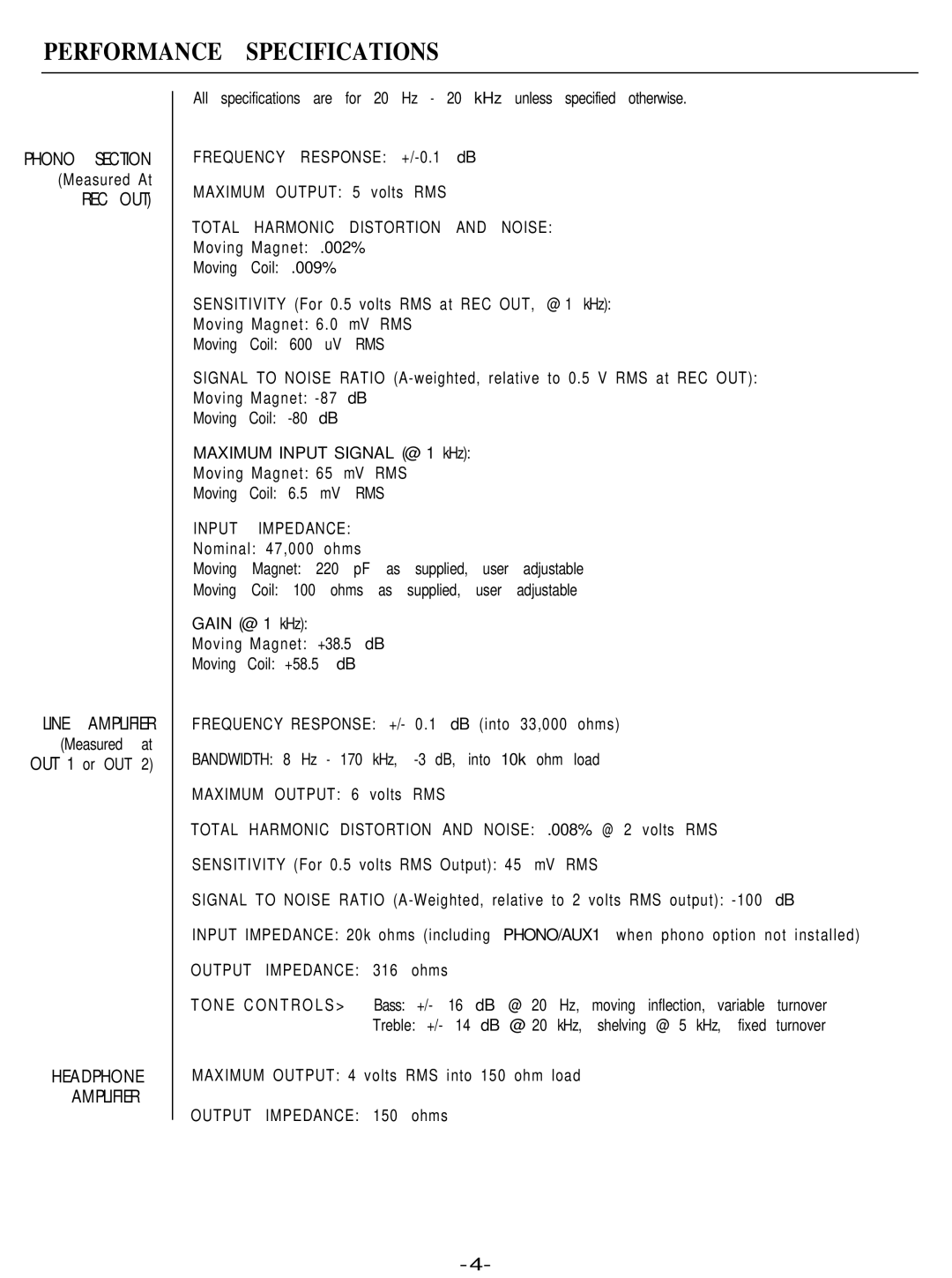 Hafler 0915P manual Performance Specifications, Phono Section, REC OUT Line Amplifier, Headphone Amplifier 
