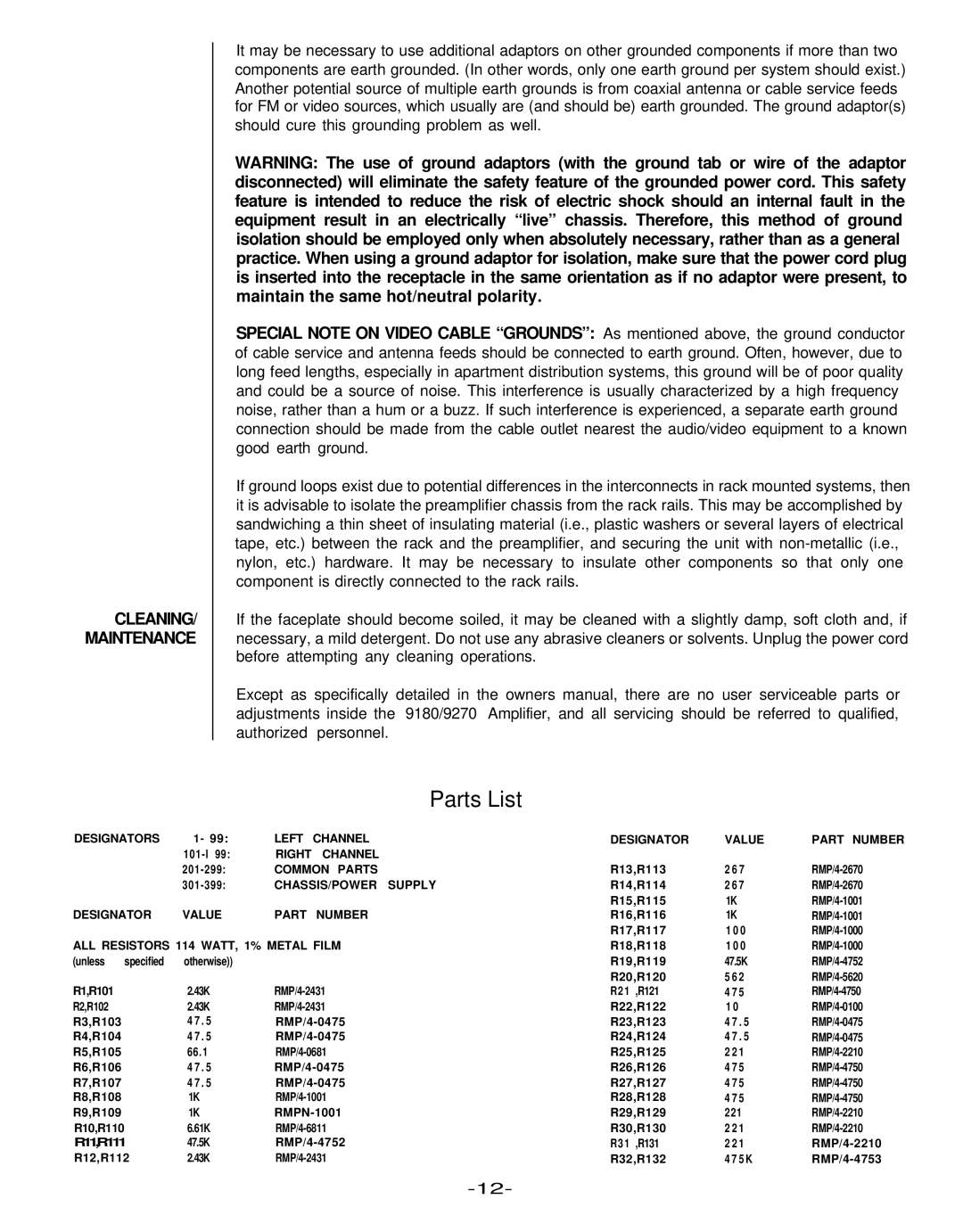 Hafler 9180, 9270 manual Parts List, CLEANING/ Maintenance 